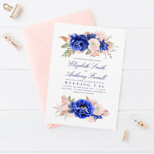 Convites Elegant Watercolor Floral Wreath Navy Blue Wedding