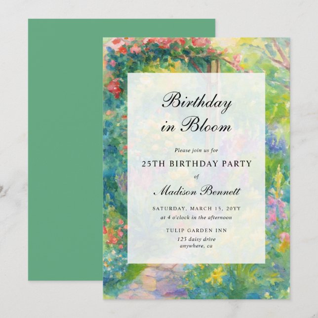 Convites Elegant Watercolor Garden Adult Birthday Party (Frente/Verso)