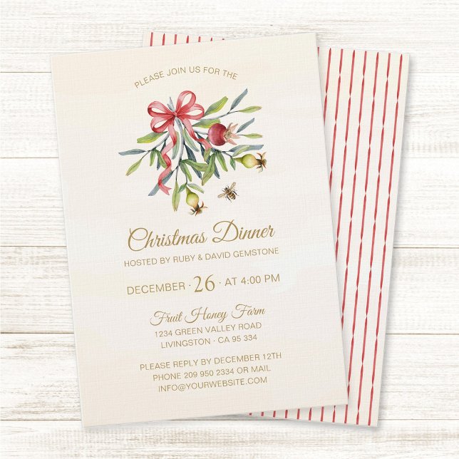 Convites Elegant Watercolor Greenery Christmas Celebration (Elegant, watercolor greenery red bow holiday Christmas dinner party invitation.)
