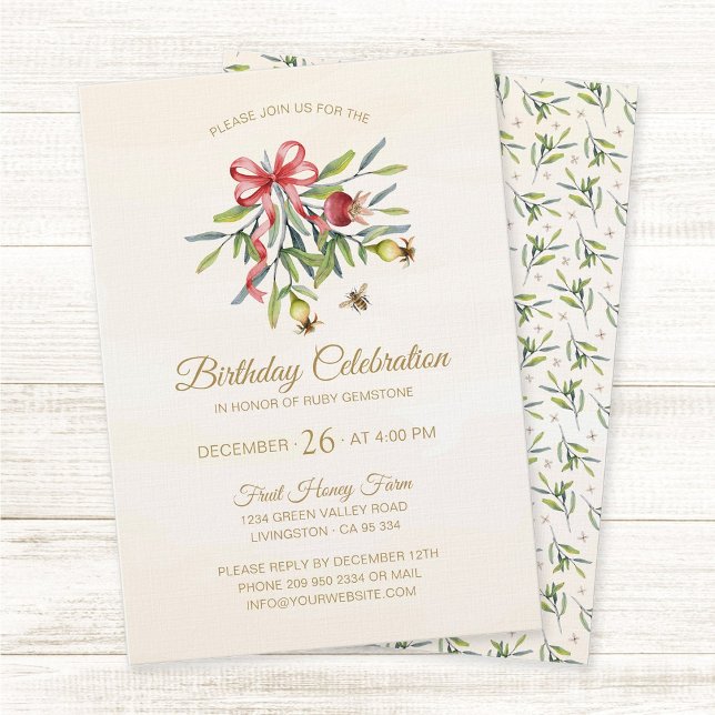 Convites Elegant Watercolor Greenery Pomegranate Birthday (Bees and Nature, elegant timeless birthday invitation in cottage style with botanical design.)