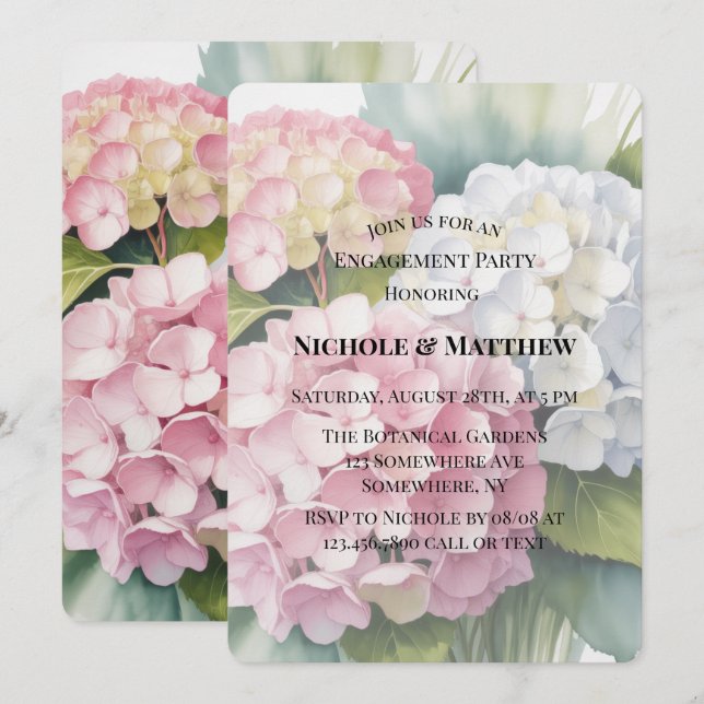 Convites Elegant Watercolor Hydrangea Engagement Party  (Frente/Verso)