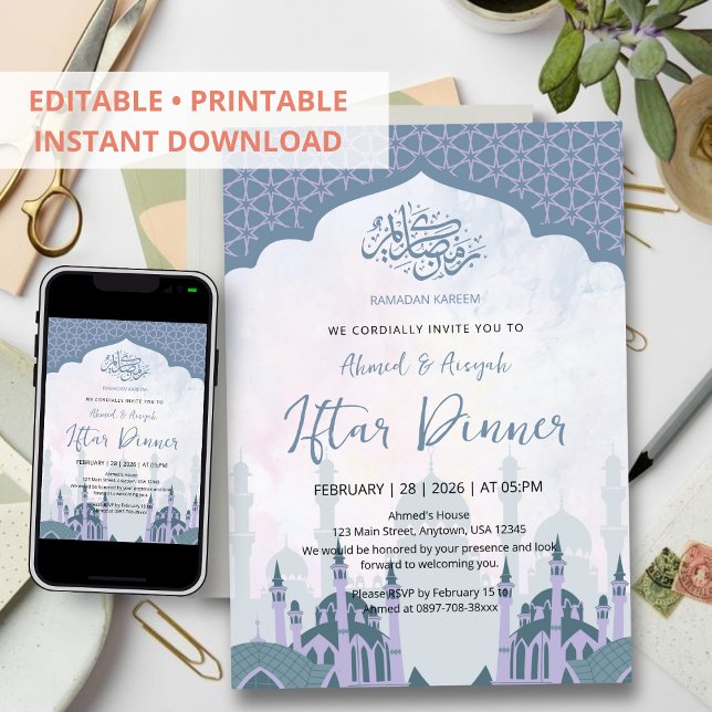 Convites Elegant Watercolor Lavender Mosque Iftar Dinner (Criador carregado)