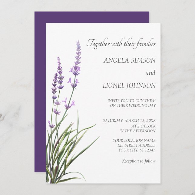 Convites Elegant Watercolor Lavender Wedding  (Frente/Verso)
