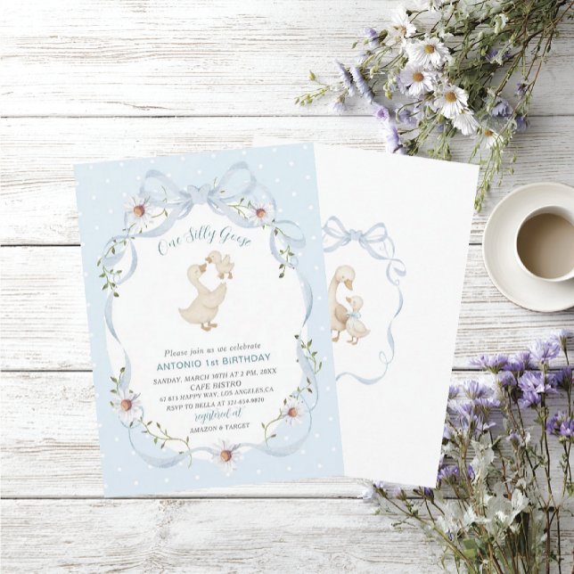 Convites Elegant  Watercolor One 1st Birthday silly goose B (Criador carregado)