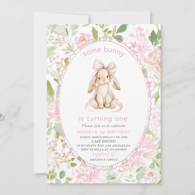Convites Elegant  Watercolor One 1st Birthday some bunny Gi (Frente)