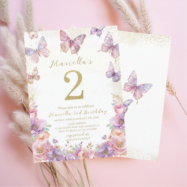 Convites Elegant  Watercolor One 2nd Birthday Butterfly Gir (Criador carregado)