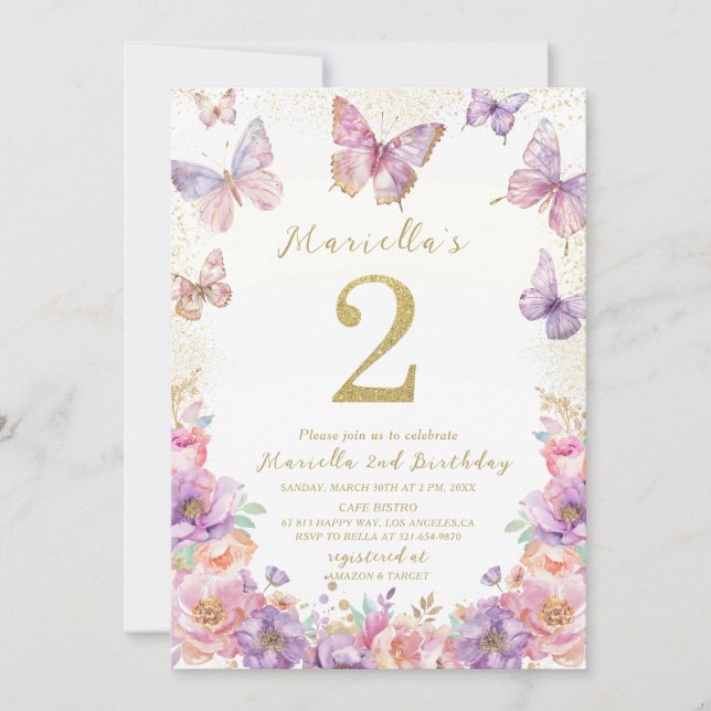 Convites Elegant  Watercolor One 2nd Birthday Butterfly Gir (Frente)
