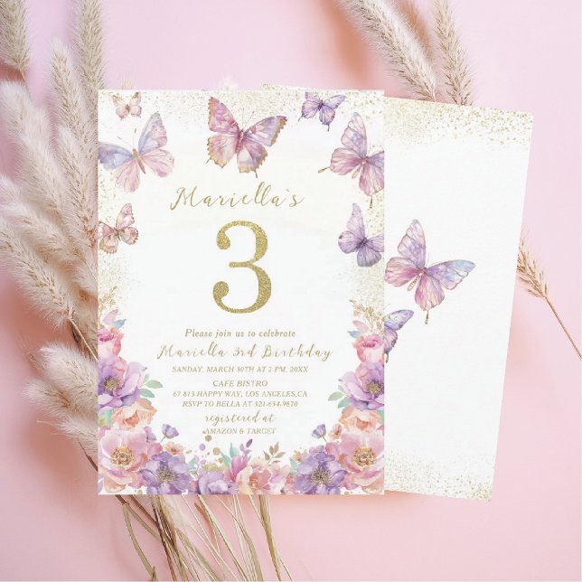 Convites Elegant  Watercolor One 3rd Birthday Butterfly Gir (Criador carregado)