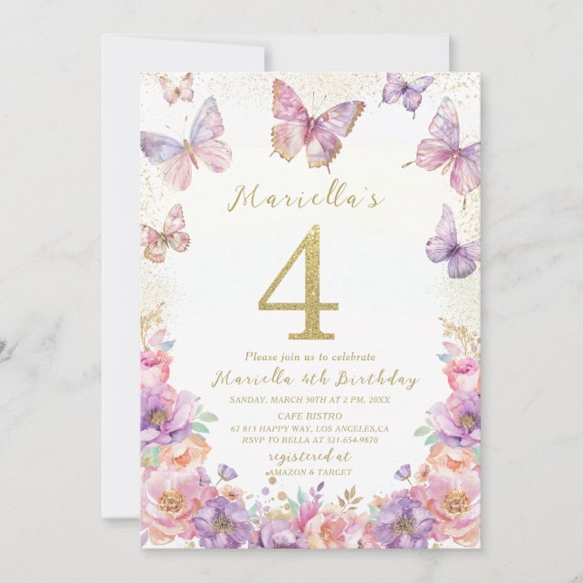 Convites Elegant  Watercolor One 4th Birthday Butterfly Gir (Frente)