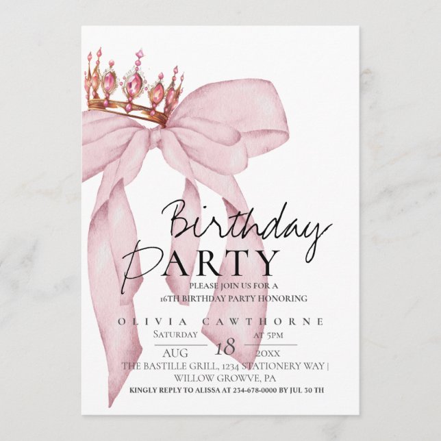 Convites Elegant Watercolor Pink Gold Bow Birthday Party  (Frente)