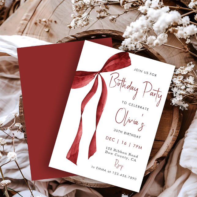 Convites Elegant Watercolor Red Bow adult Birthday Party (Criador carregado)