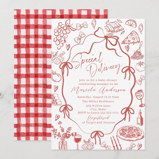 Convites Elegant Watercolor Red Pasta Special Delivery Baby (Frente/Verso)