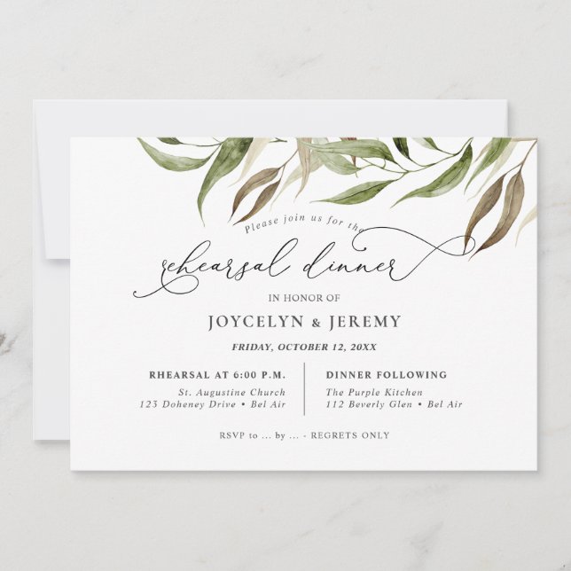 Convites Elegant Watercolor Rustic Eucalyptus Rehearsal (Frente)
