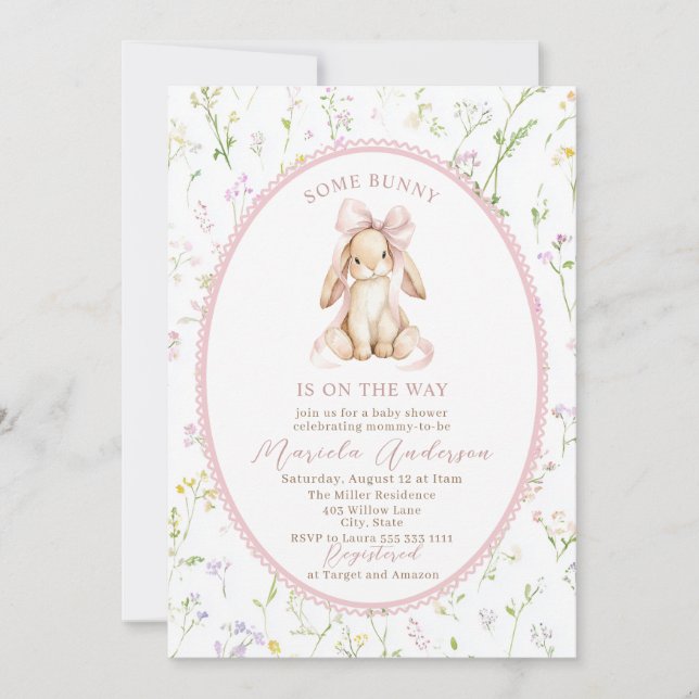 Convites Elegant Watercolor some bunny pink bow Baby Shower (Frente)