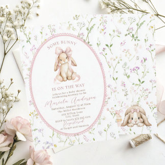 Convites Elegant Watercolor some bunny pink bow Baby Shower