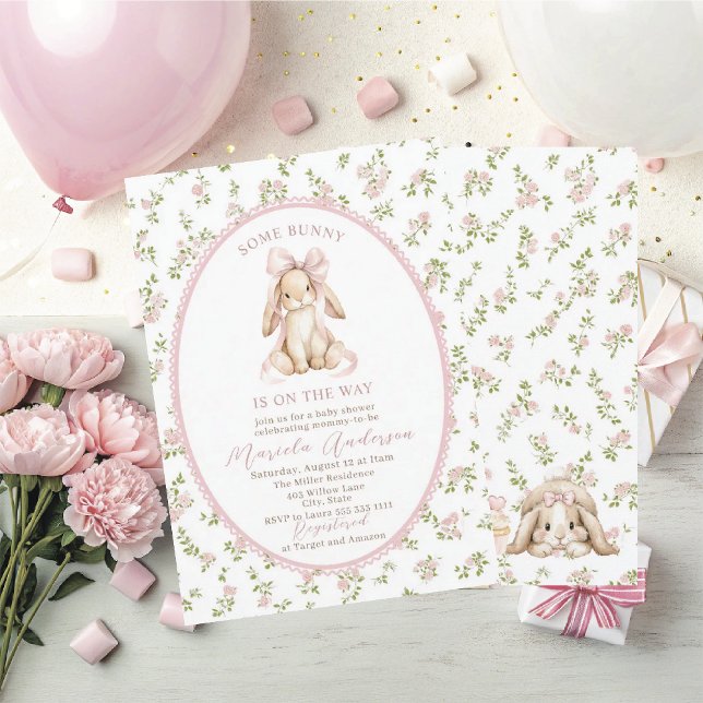 Convites Elegant Watercolor some bunny pink bow Baby Shower (Criador carregado)