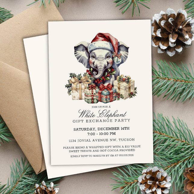 Convites Elegant Watercolor White Elephant Gift Exchange (Elegant white elephant gift exchange invitations for christmas holiday corporate office party invite)