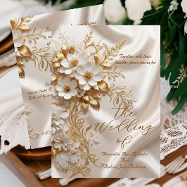 Convites Elegant Wedding Beige White Gold Floral Silk