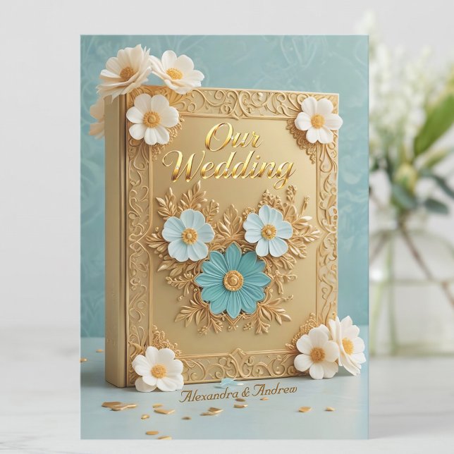 Convites Elegant Wedding Book Blue White Gold Flowers (Criador carregado)