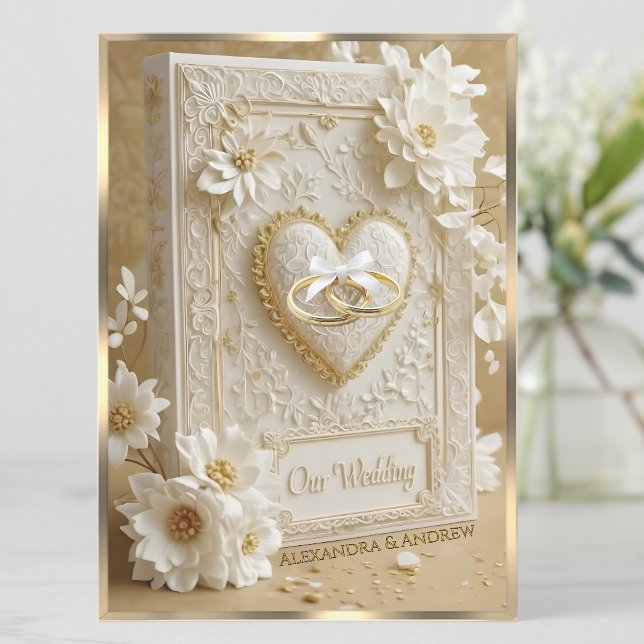 Convites Elegant Wedding Book Gold Heart Lace White Flowers (Criador carregado)