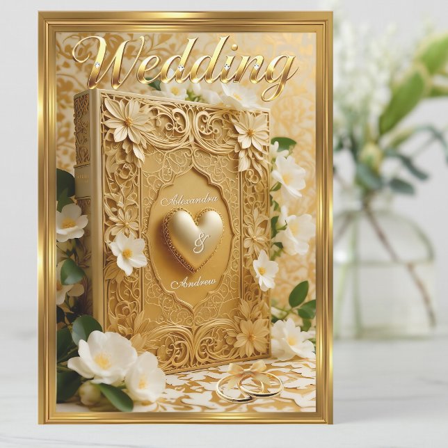 Convites Elegant Wedding Book Gold Heart White Flowers (Criador carregado)