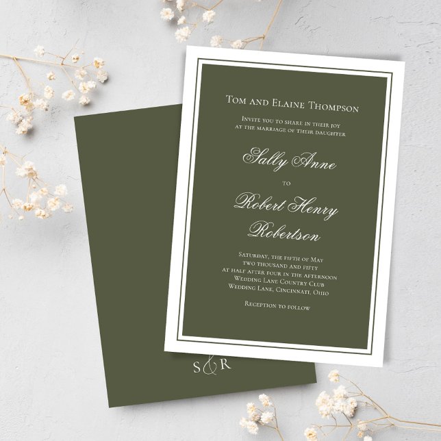 Convites Elegant Wedding Calligraphy Green Script  (Green classic and elegant wedding invitation template. )