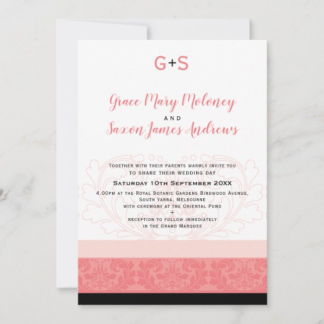 Convites ELEGANT WEDDING coral floresceu detalhes monograma (Frente)