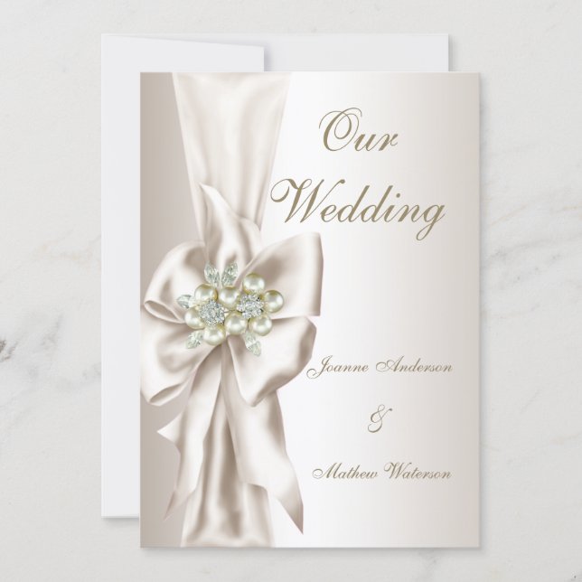 Convites Elegant Wedding Damask Pearl Cream White Bow 2 (Frente)