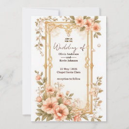 Convites Elegant Wedding Gold Frame With Soft Pink Flowers