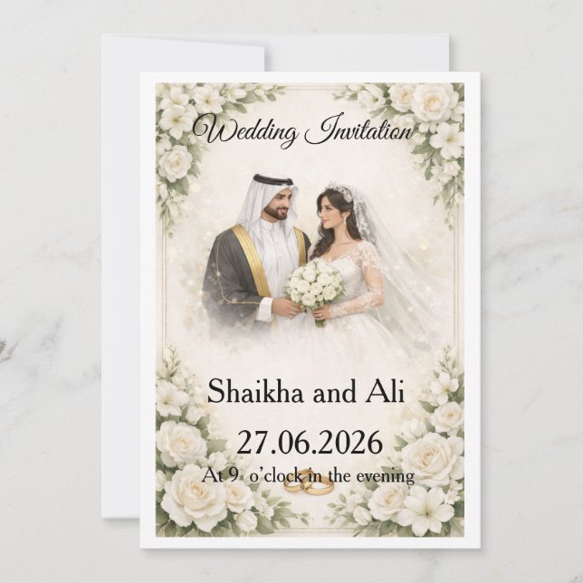 Convites Elegant Wedding Invitation with White Flowers and  (Frente)