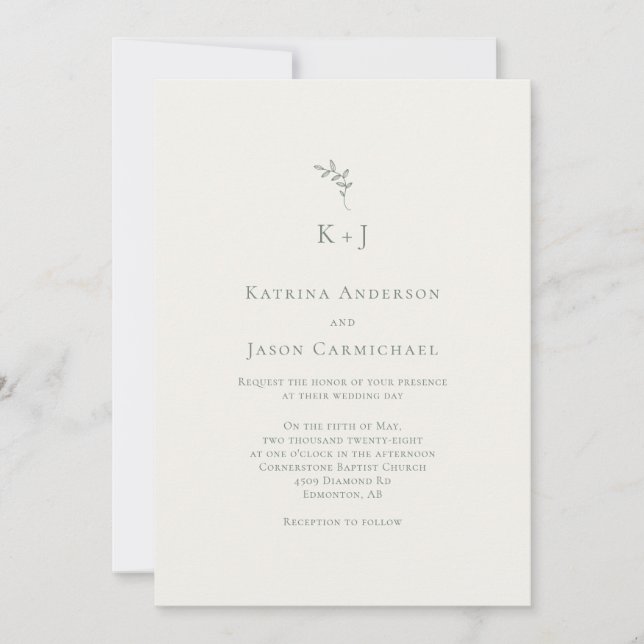 Convites Elegant Wedding Minimal Sage Green Monogram (Frente)