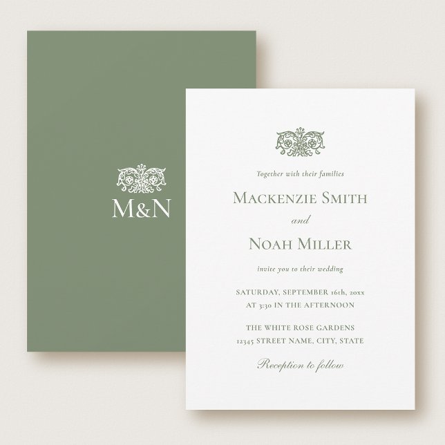 Convites Elegant Wedding Monogram Invitation Ornate Green (Criador carregado)