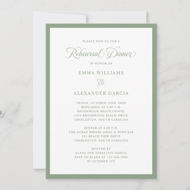 Convites Elegant Wedding Rehearsal Dinner Sage Green (Frente)
