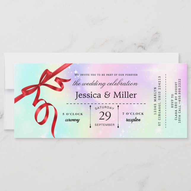 Convites Elegant Wedding Ticket Invitation with Red Ribbon (Frente)