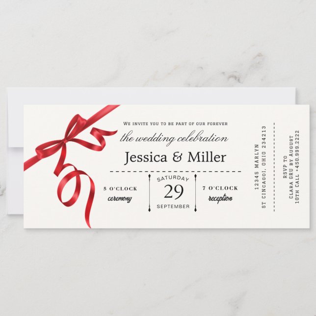 Convites Elegant Wedding Ticket Invitation with Red Ribbon (Frente)