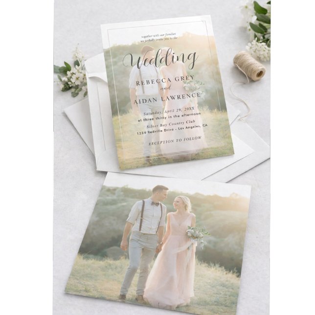 Convites Elegant White and Black Gold Border Photo Wedding (Criador carregado)