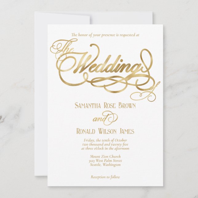 Convites Elegant White and Faux Gold Calligraphy Wedding (Frente)