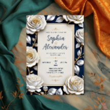 Elegant White and Gold Rose on Navy Blue 