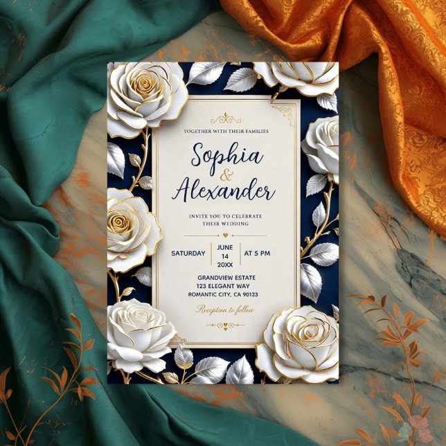 Convites Elegant White and Gold Rose on Navy Blue  (Criador carregado)