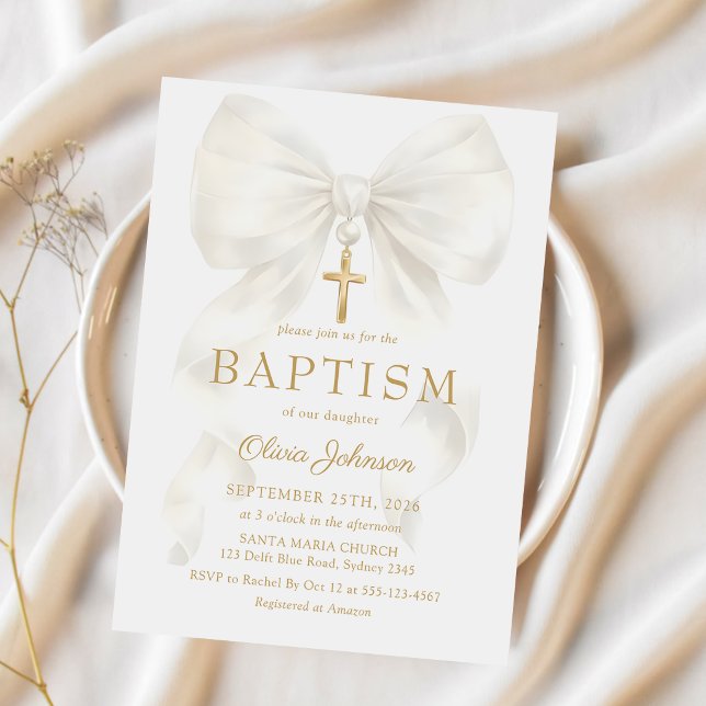 Convites Elegant White Bow Baptism Girl Invitation (Criador carregado)