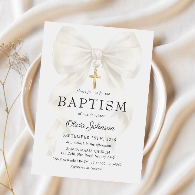 Convites Elegant White Bow Baptism Girl Invitation (Criador carregado)