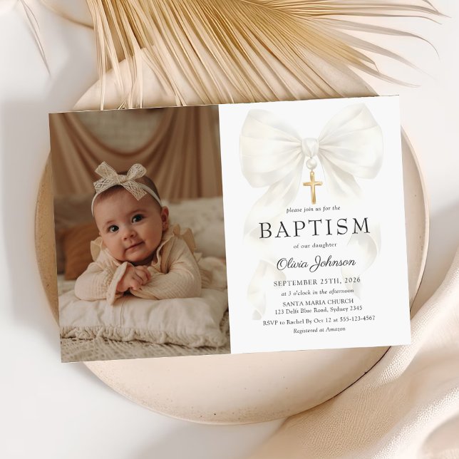 Convites Elegant White Bow Baptism Girl Photo Invitation (Criador carregado)