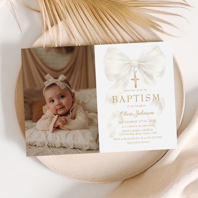Convites Elegant White Bow Baptism Girl Photo Invitation (Criador carregado)
