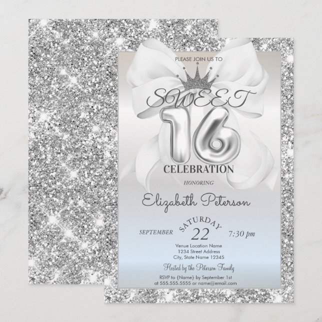 Convites Elegant White Bow,Tiara,Silver Glitter Sweet 16  (Frente/Verso)