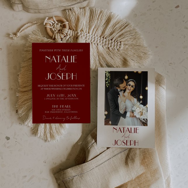 Convites Elegant White Burgundy Minimalist Photo Wedding (Criador carregado)