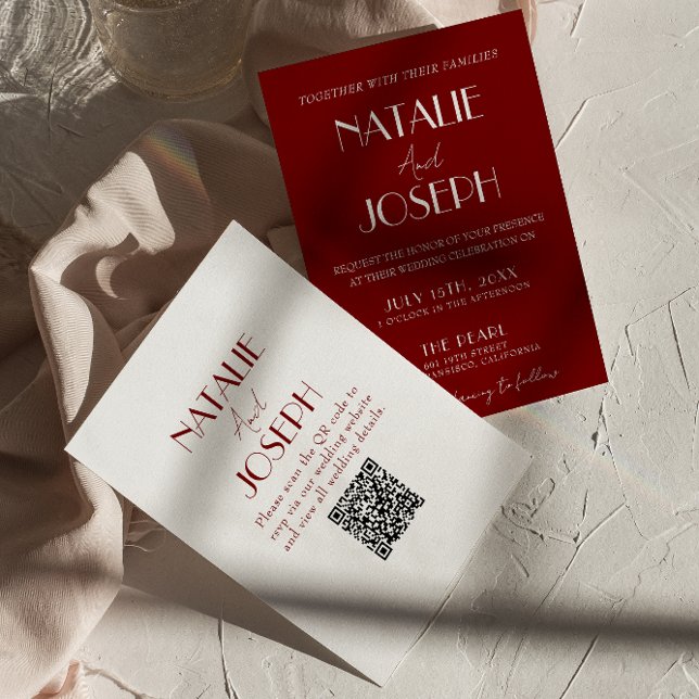 Convites Elegant White Burgundy Minimalist QR Code Wedding (Criador carregado)