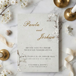 Convites Elegant White Cherry Blossom & Gold Script Wedding