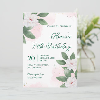 Convites Elegant White Floral 24th Birthday Invitation