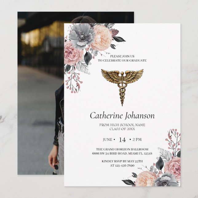 Convites Elegant White Floral Nursing Graduation Invitation (Frente/Verso)