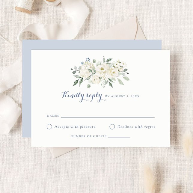 Convites Elegant White Flowers Dusty Blue Wedding RSVP (Criador carregado)